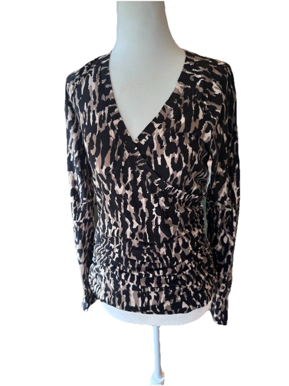 Cabi Women's Top Faux Wrap Ruched Side Animal Print Long Sleeve Stretch - S